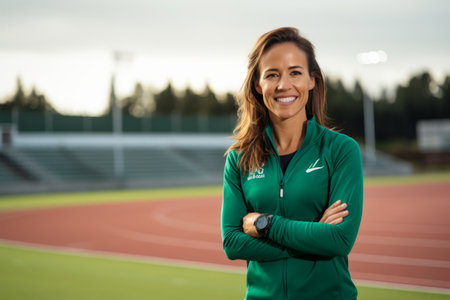 Portrait of smiling female athlete standing with arms crossed on track at stadiumの素材