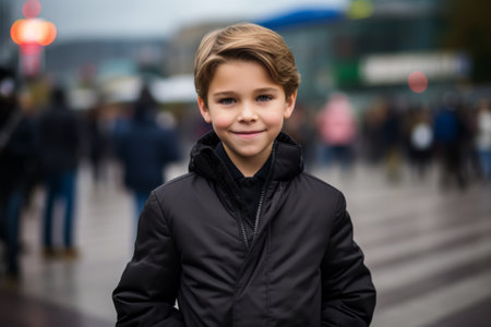 Portrait of a cute little boy in a black jacket on the streetの素材