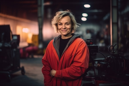 Portrait of a beautiful young woman in a red jacket in a factoryの素材