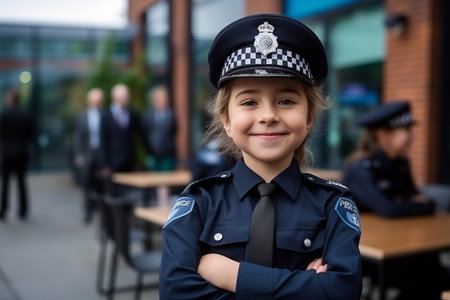 Portrait of smiling little girl in police uniform standing with arms crossedの素材