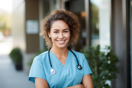 Portrait of a smiling nurse with stethoscope standing outside hospitalの素材