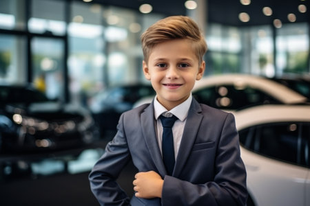 portrait of smiling boy in suit standing with crossed arms at car showroomの素材