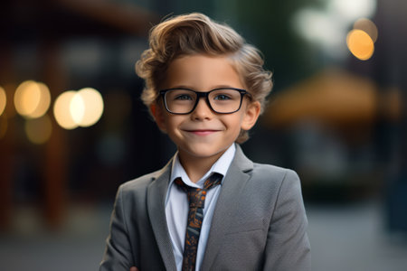 portrait of cute little boy in eyeglasses on city streetの素材