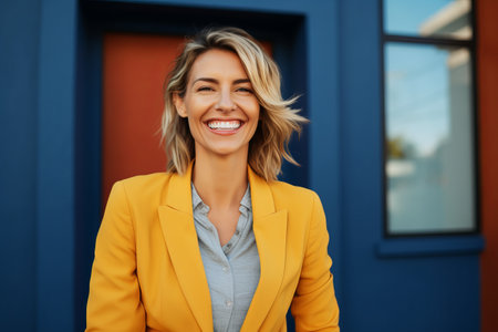 Portrait of smiling businesswoman in yellow jacket standing against blue wallの素材