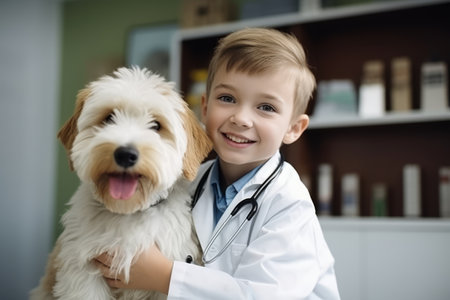 Cute little boy with his dog at the veterinary clinic. Pediatrician with a dog.の素材