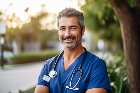 Portrait of a smiling male doctor wearing a blue scrubs while standing outdoorsの素材