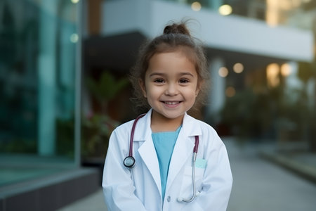 Portrait of a smiling little girl with a stethoscope in the cityの素材