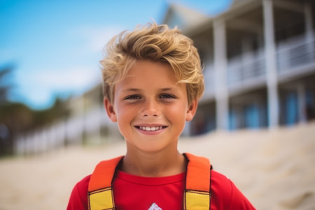 Portrait of smiling boy with backpack on the beach during sunny dayの素材