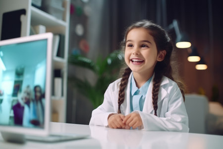 portrait of cute little girl looking at camera while using computer at homeの素材