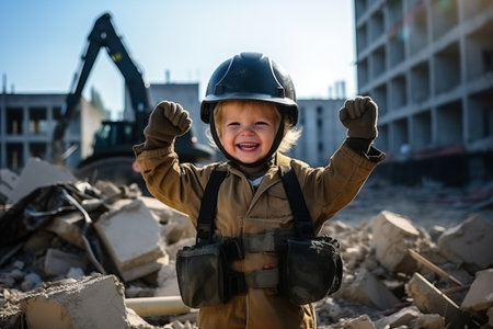 Cute little boy playing on construction site. Happy child in safety helmet and overalls. Construction conceptの素材