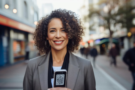Portrait of a smiling young woman with curly hair in the cityの素材