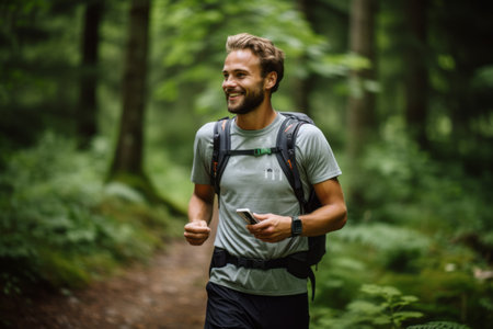 Young man with a backpack walking in the forest and using mobile phoneの素材