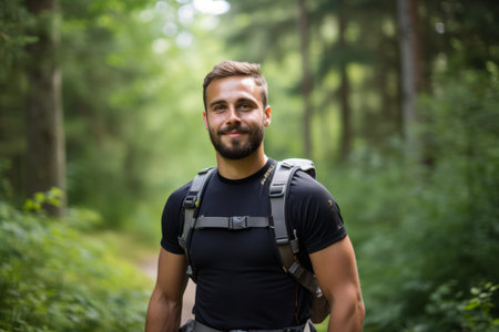 Handsome young man with beard and mustache hiking in the forestの素材
