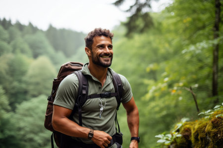 Portrait of happy man with backpack standing in forest and looking awayの素材