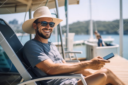 smiling man in hat and sunglasses using smartphone of yachtの素材