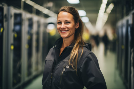 Portrait of a young female technician standing in data center and smilingの素材