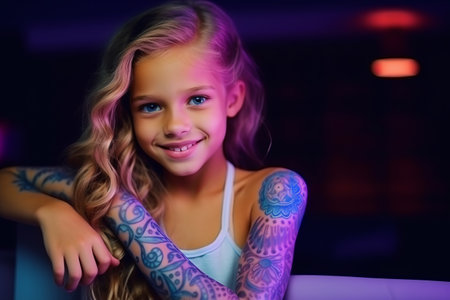 Portrait of a cute little girl with tattoos on her arms.の素材