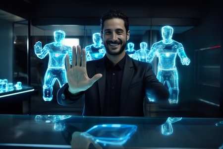 Businessman touching hologram screen with his fingers and smiling at cameraの素材