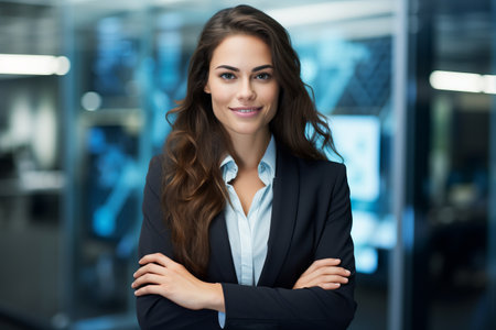Portrait of a smiling businesswoman standing with arms crossed in officeの素材