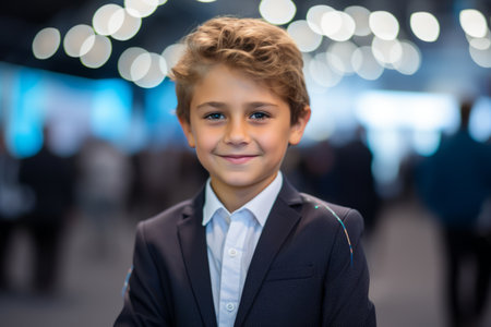 Portrait of a cute little boy in a business suit at the airportの素材