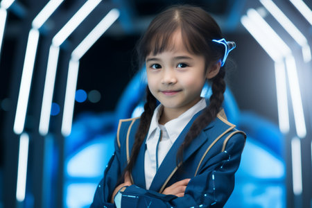 Portrait of little asian girl in school uniform smiling and looking at cameraの素材