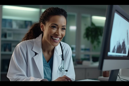 Portrait of smiling african american female doctor using computer in officeの素材