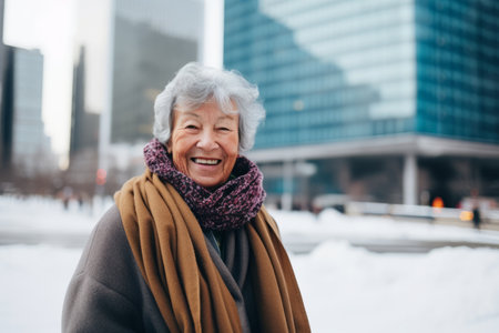 Portrait of a happy senior woman walking in the city in winterの素材