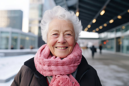 Portrait of happy senior woman in winter clothes on the street.の素材