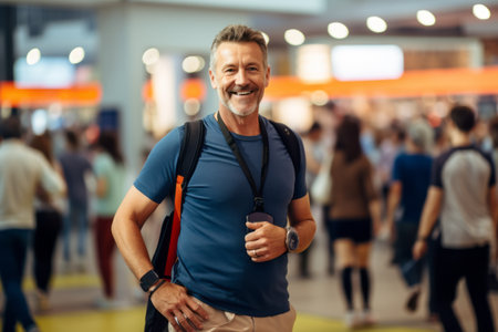Portrait of happy mature man with backpack and coffee cup in airportの素材