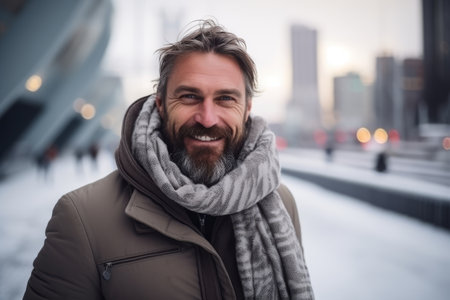 Portrait of a handsome bearded man with coat and scarf in the cityの素材