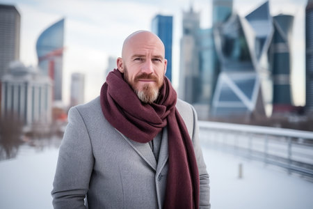 Portrait of a bearded man wearing a scarf against view of the cityの素材