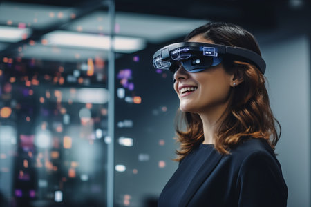 smiling young woman in virtual reality headset looking at camera in officeの素材