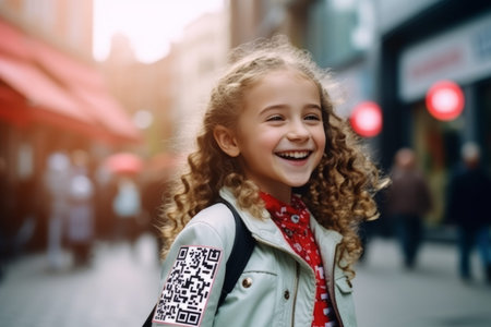 Portrait of a smiling little girl with curly hair in the cityの素材