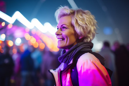 Portrait of happy woman dancing at music festival in front of lightsの素材