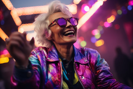 Hipster girl with pink hair and sunglasses dancing in the night clubの素材