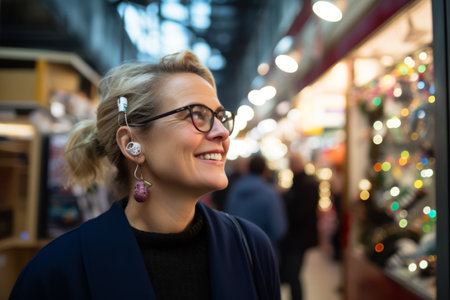 Portrait of a smiling woman in eyeglasses at Christmas marketの素材