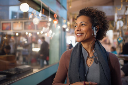 Portrait of smiling young woman listening to music with headphones in cafeの素材