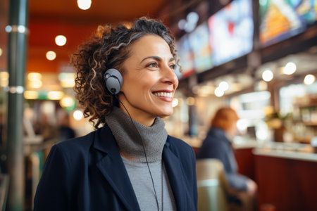 Portrait of a smiling young woman with headphones in a coffee shopの素材