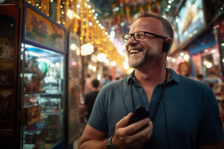 Portrait of a man listening to music with headphones in a shopping centerの素材
