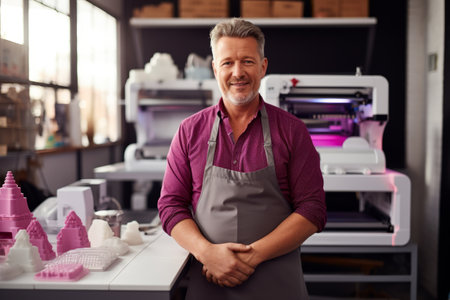 Portrait of mature male baker standing with arms crossed in a bakeryの素材