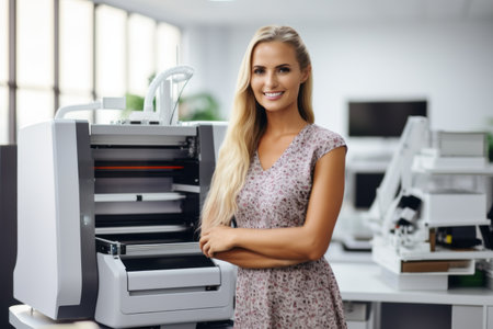 Portrait of a beautiful young woman standing near copier machine in officeの素材