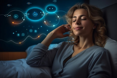 Beautiful woman sleeping in bed with glowing medical icons above her headの素材