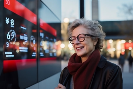 Portrait of smiling senior woman in eyeglasses looking at camera in cityの素材