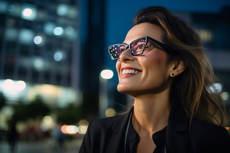 Portrait of a beautiful young woman with sunglasses in the city at nightの素材