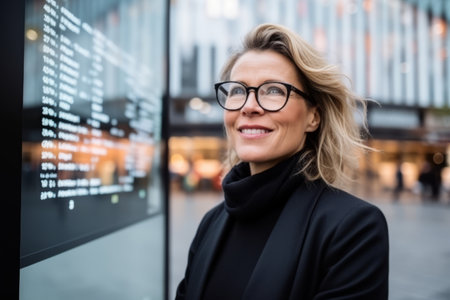 Portrait of smiling businesswoman in eyeglasses looking at camera in cityの素材