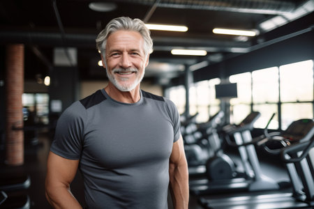 Portrait of smiling senior man standing with hands on hip in gymの素材