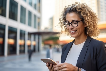 Portrait of a smiling businesswoman using mobile phone in the cityの素材
