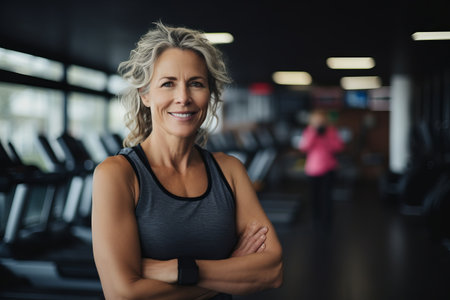 Portrait of smiling mature woman standing with arms crossed in fitness centerの素材