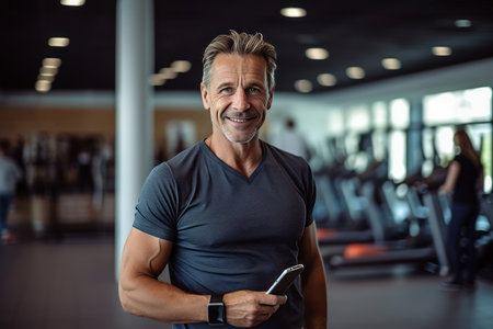 Portrait of smiling mature man using mobile phone while standing in gymの素材