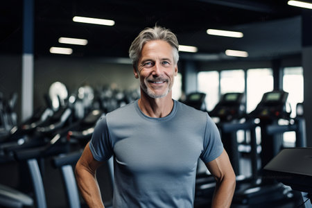 Portrait of smiling senior man standing with arms crossed in fitness centerの素材